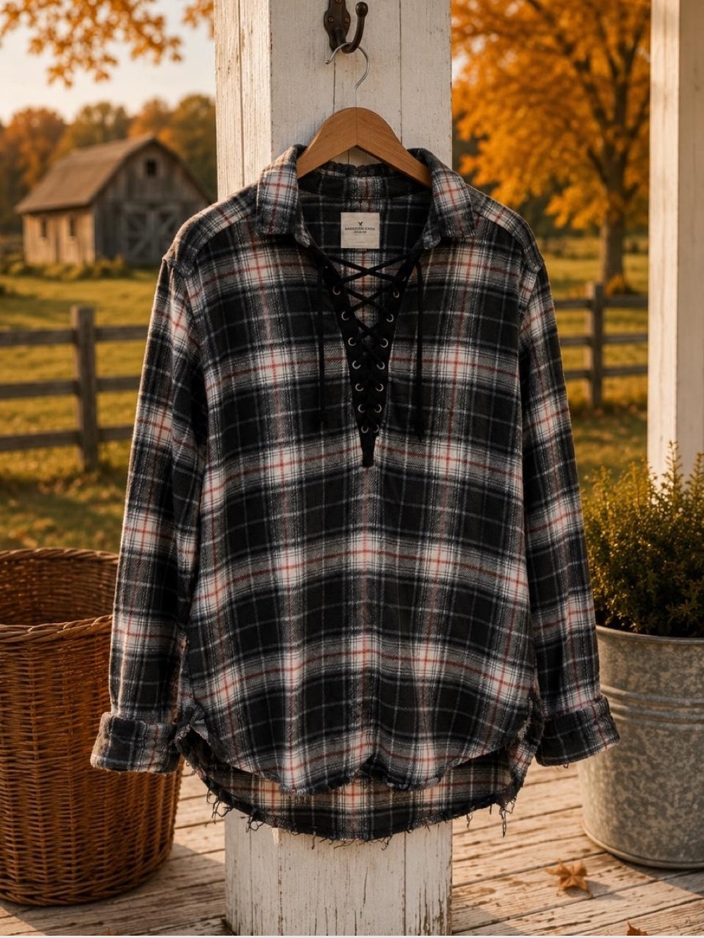 American Eagle Outfitters Black and White Plaid Lace-Up Shirt